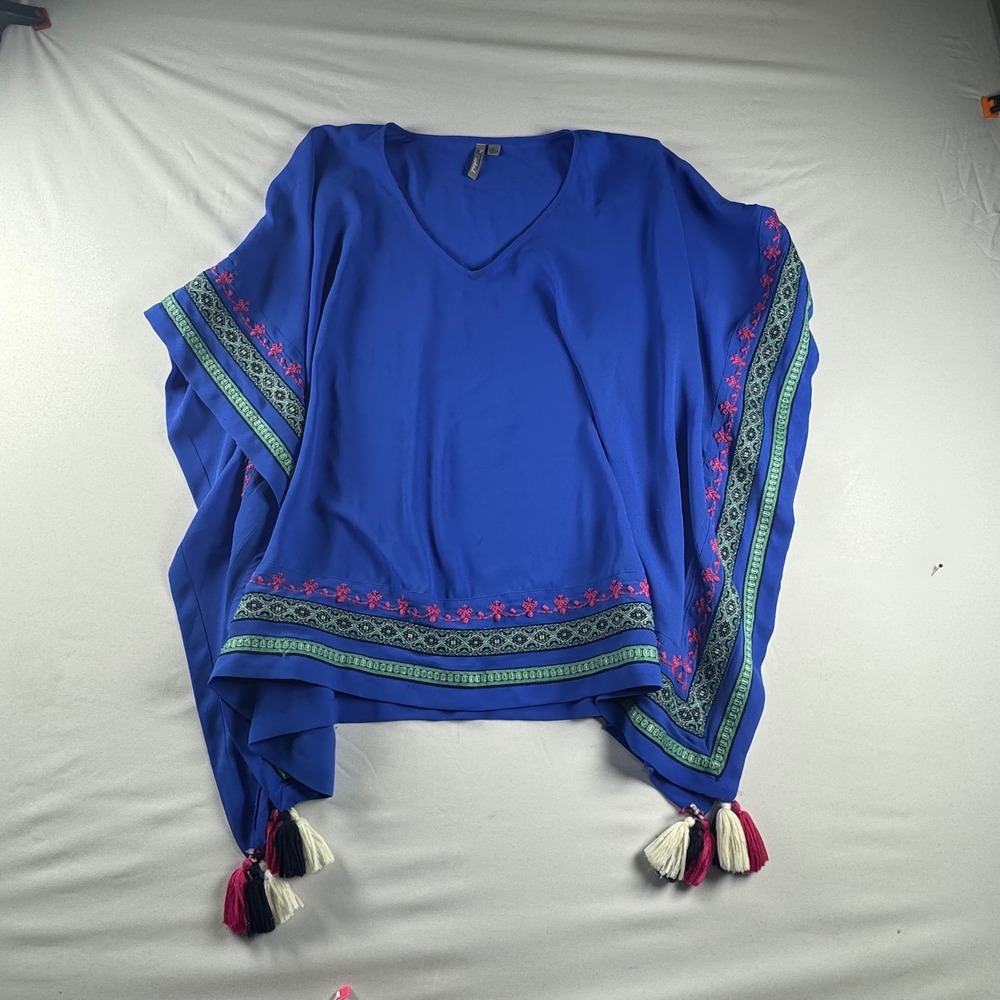 New Directions Weekend Blue‎ Embroidered Tassel Poncho Top V-Neck Blouse Medium